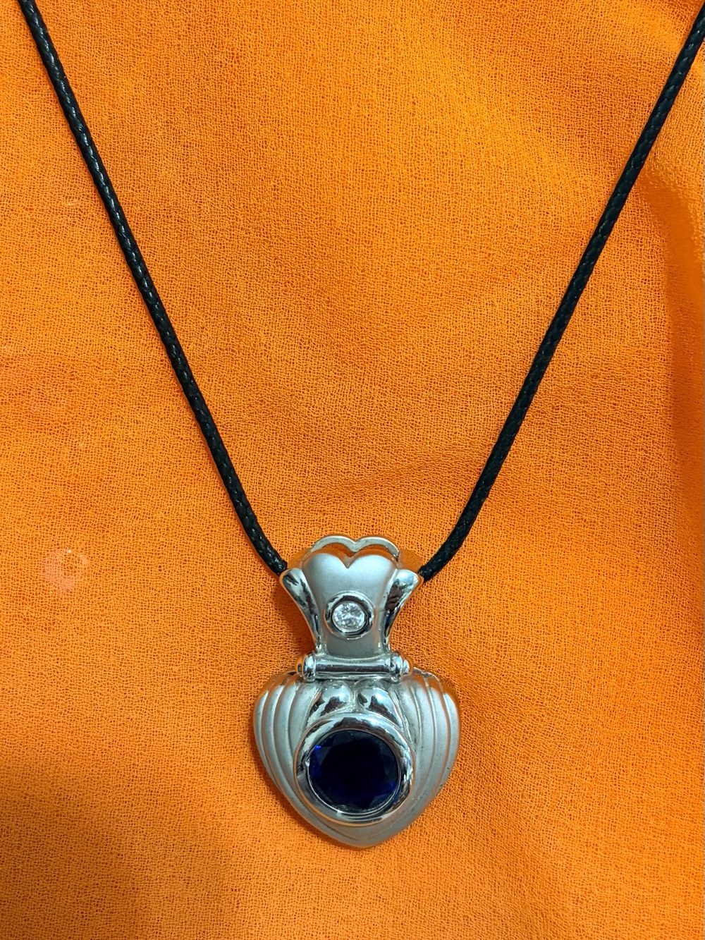 Sterling-Inspired Heart Necklace with Deep Blue Stone on Black Cord